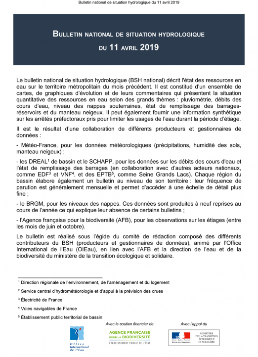  Bulletin de situation hydrologique d'avril 2019