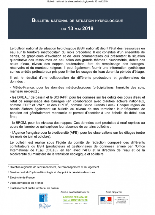 Bulletin de situation hydrologique de mai 2019