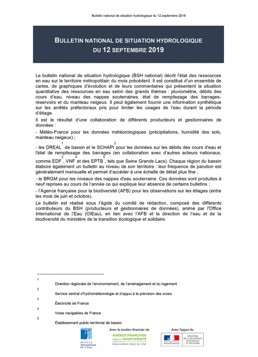 Bulletin de situation hydrologique de septembre 2019
