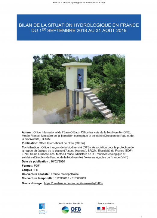 Bilan de la situation hydrologique en France du 1er septembre 2018 au 31 août 2019