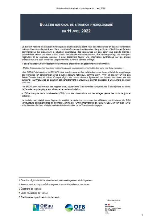 Bulletin national de situation hydrologique d'avril 2022