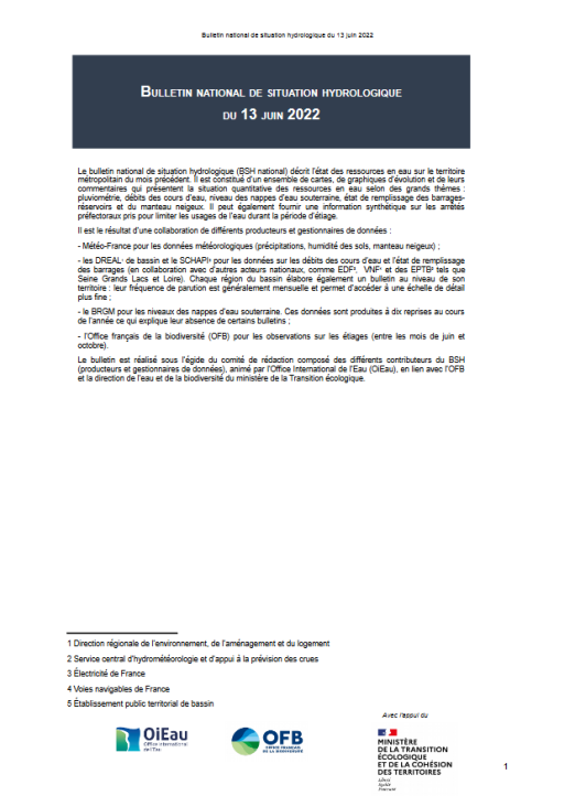 Bulletin national de situation hydrologique du 13 juin 2022