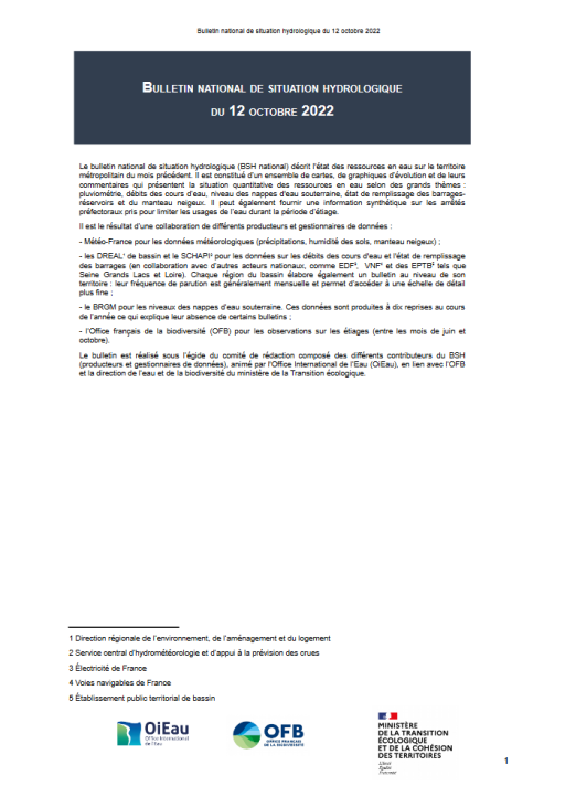Bulletin national de situation hydrologique d'octobre 2022