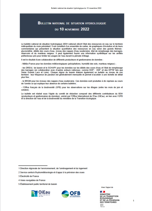 Bulletin national de situation hydrologique de novembre 2022