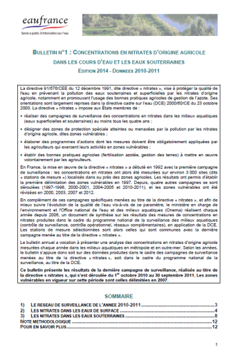 Concentrations en nitrates d’origine agricole dans les cours d’eau et les eaux souterraines (données 2010-2011)