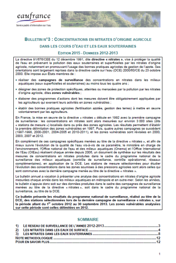 Concentrations en nitrates d’origine agricole dans les cours d’eau et les eaux souterraines (données 2012-2013)