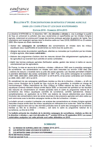 Concentrations en nitrates d’origine agricole dans les cours d’eau et les eaux souterraines (données 2014-2015)
