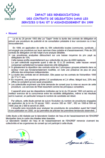 Impact des procédures de mise en concurrence dites &quot;loi Sapin&quot; sur les services (données 1999)