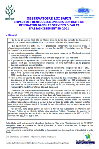 Impact des procédures de mise en concurrence dites &quot;loi Sapin&quot; sur les services (données 2001)