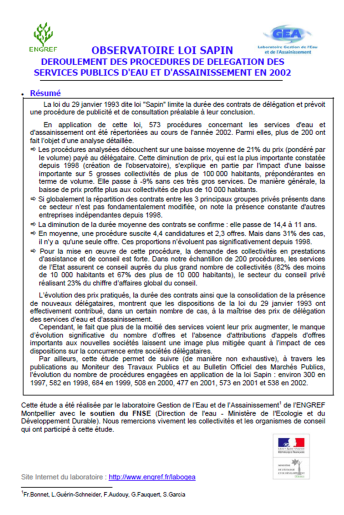 Impact des procédures de mise en concurrence dites &quot;loi Sapin&quot; sur les services (données 2002)
