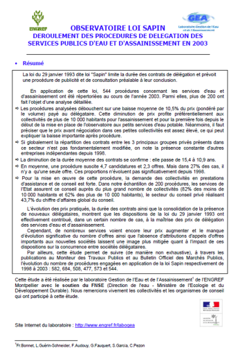 Impact des procédures de mise en concurrence dites "loi Sapin" sur les services (données 2003) Impact des procédures de mise en concurrence dites "loi Sapin" sur les services (données 2003)