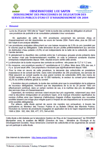Impact des procédures de mise en concurrence dites "loi Sapin" sur les services (données 2004) Impact des procédures de mise en concurrence dites "loi Sapin" sur les services (données 2004)