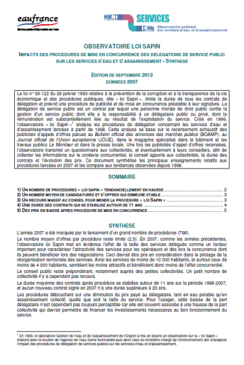 Impact des procédures de mise en concurrence dites "loi Sapin" sur les services (données 2007) Impact des procédures de mise en concurrence dites "loi Sapin" sur les services (données 2007)