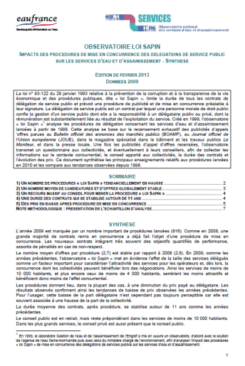 Impact des procédures de mise en concurrence dites "loi Sapin" sur les services (données 2009) Impact des procédures de mise en concurrence dites "loi Sapin" sur les services (données 2009)