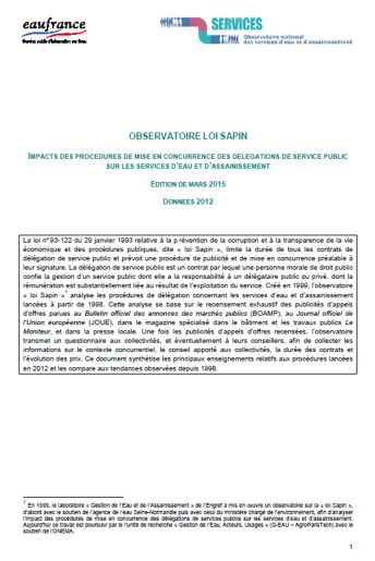 Impact des procédures de mise en concurrence dites "loi Sapin" sur les services (données 2012) Impact des procédures de mise en concurrence dites "loi Sapin" sur les services (données 2012)