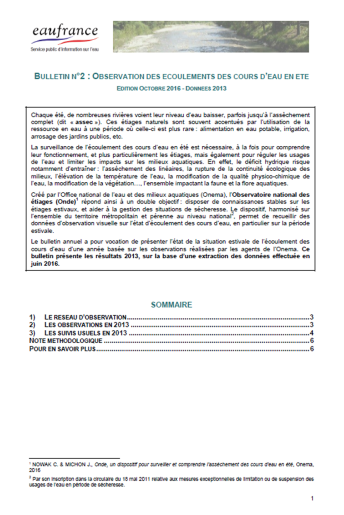 Observation des écoulements des cours d’eau en été (données 2013) Observation des écoulements des cours d’eau en été (données 2013)