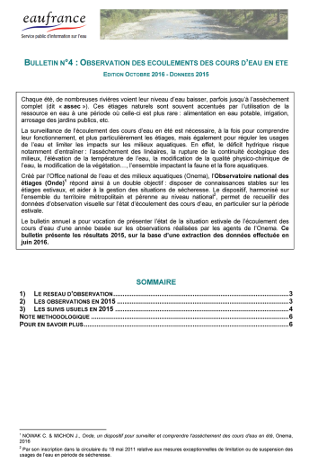 Observation des écoulements des cours d’eau en été (données 2015) Observation des écoulements des cours d’eau en été (données 2015)