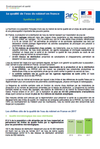 La qualité de l'eau du robinet (données 2017) Vignette de la synthèse sur la qualité de l'eau du robinet (données 2017)