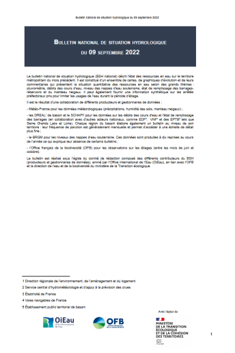 Bulletin national de situation hydrologique de septembre 2022